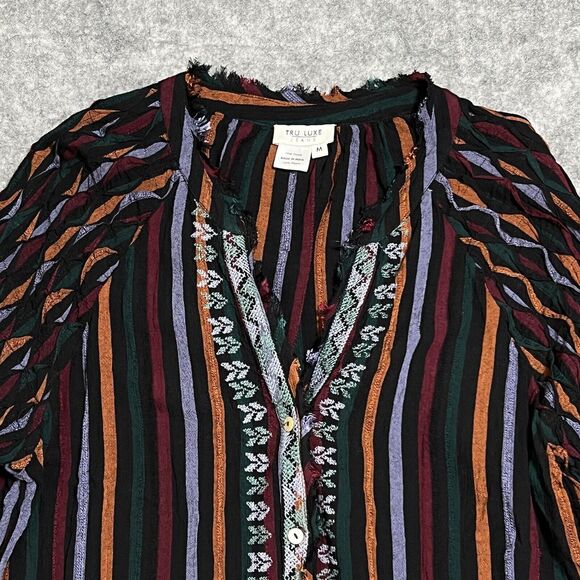 Tru Luxe Jeans Striped Embroidered Peasant Blouse Shirt Womens M Fringe - Picture 11 of 17